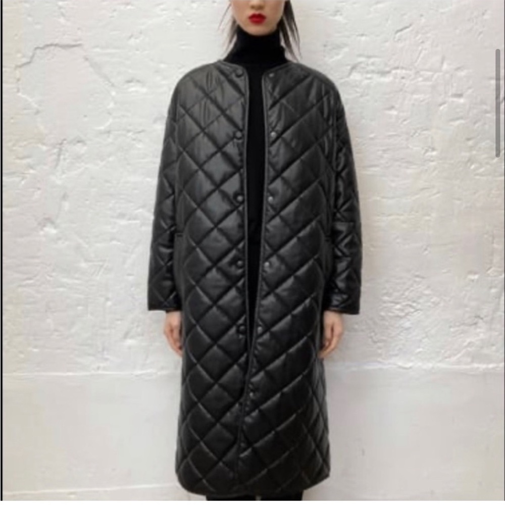 Zara faux leather padded quilted long jacket trench - bloggers favorite!